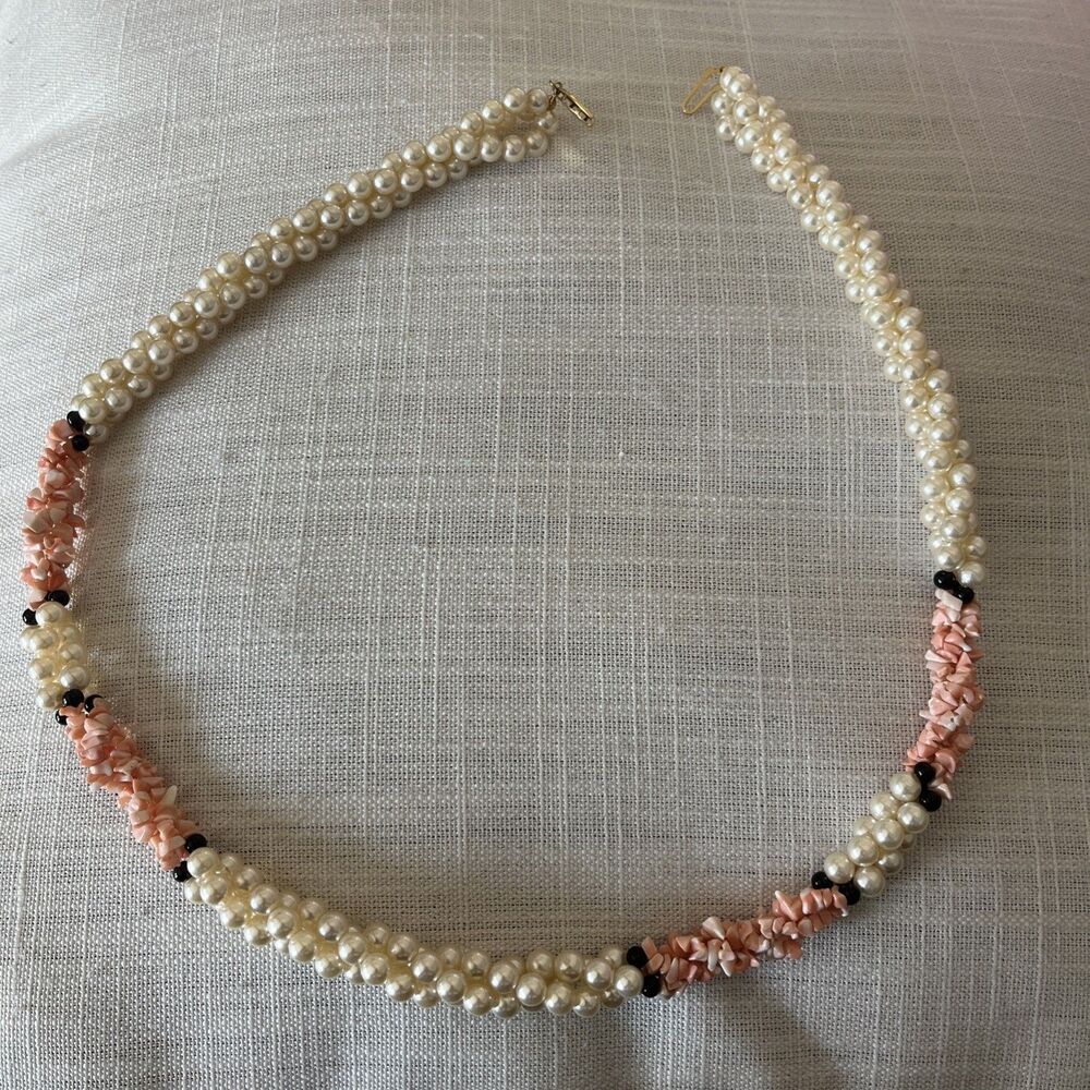 Vintage Faux Pearl Coral & Black Beads Twisted 3 strand Necklace 23”